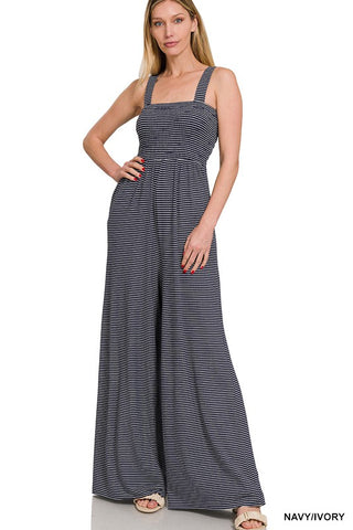 SMOCKED TOP STRIPED JUMPSUIT