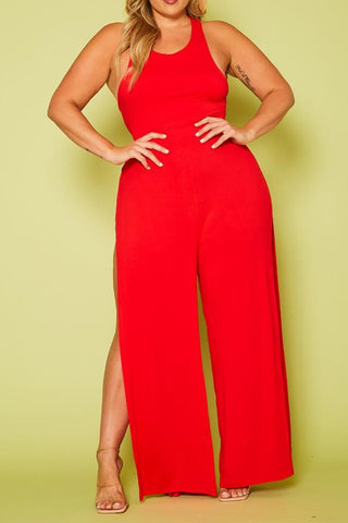 Plus Size Halter Top Wide Leg Slit Jumpsuit