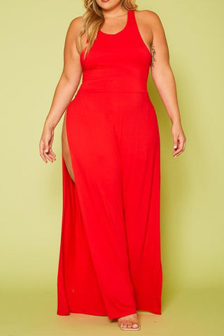 Plus Size Halter Top Wide Leg Slit Jumpsuit