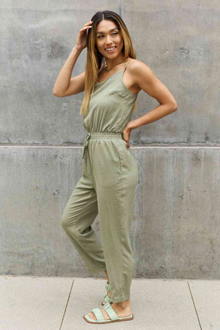 ODDI Full Size Textured Woven Jumpsuit in Sage