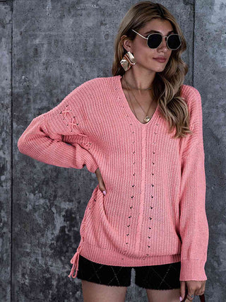 Lace-Up V-Neck Dropped Shoulder Sweater