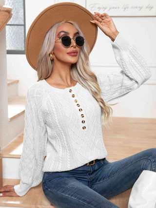 Cable-Knit Round Neck Buttoned Sweater