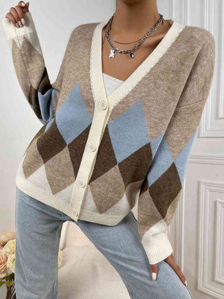 Geometric Button-Up V-Neck Dropped Shoulder Cardigan