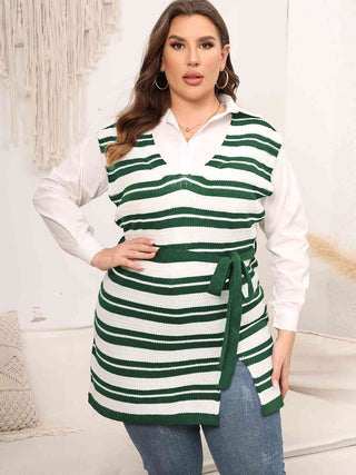 Plus Size Striped Colared Neck Tied Front Sweater Vest