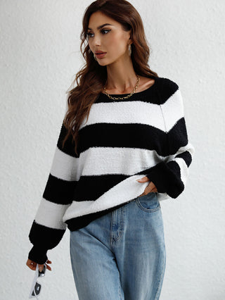 Striped Raglan Sleeve Ribbed Trim Knit Top