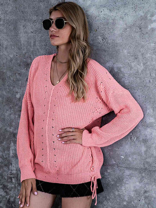 Lace-Up V-Neck Dropped Shoulder Sweater