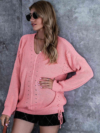 Lace-Up V-Neck Dropped Shoulder Sweater