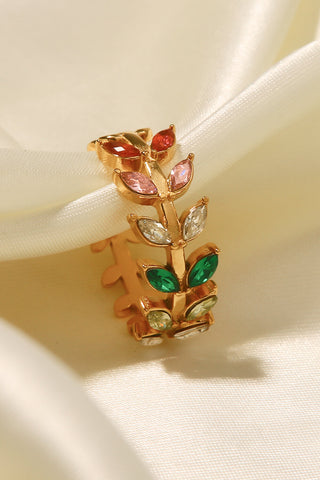 Zircon 18K Gold-Plated Leaf Open Ring